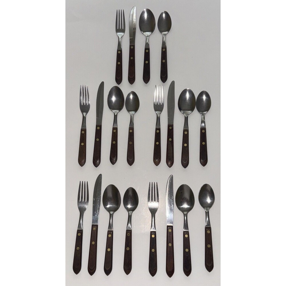 20 Pc Vtg Washington Forge Town & Country Wood/Brass Stainless Flatware 5 Sets